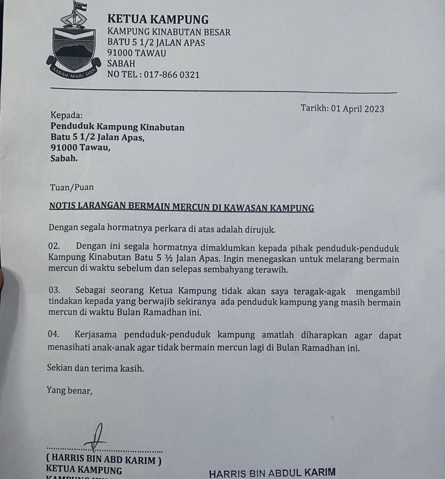 Notis Larangan Bermain Mercun Di Kawasan Kampung